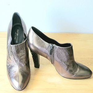 SERGIO ROSSI METALLIC LEATHER DIAMOND PRISM CUT HEEL BOOTIES
